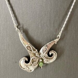 Sterling Silver 925 KJT Signed Scroll Statement Necklace Green Bead